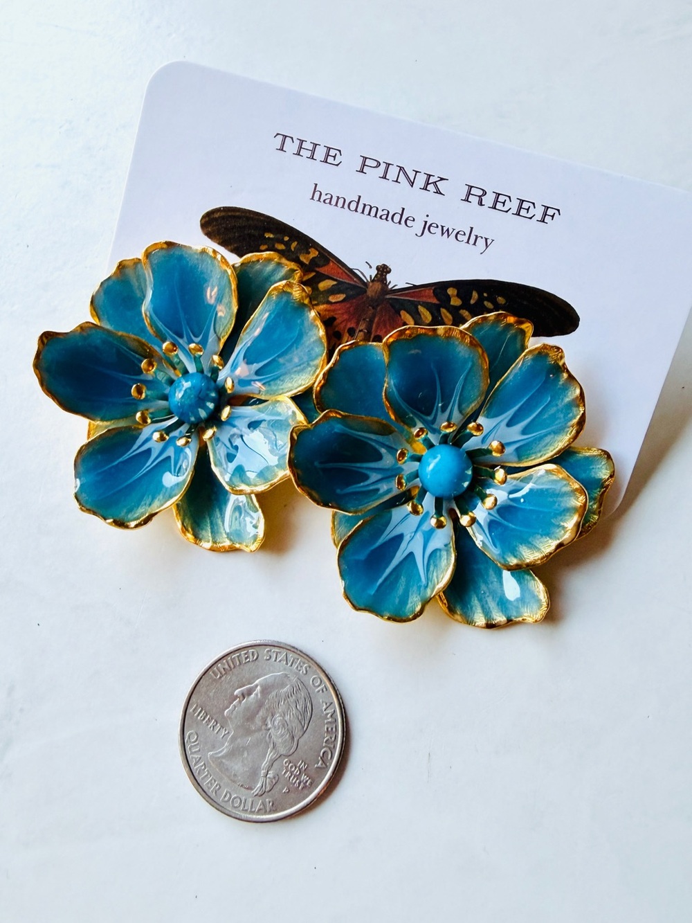 NWT The Pink Reef Hand-Painted Flower Stud Earrings Blue - Picture 5 of 6